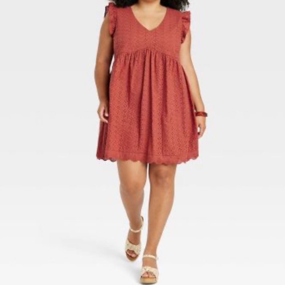 Women's Ruffle Short Sleeve Eyelet A-Line Dress  Knox Rose. Desert Red   XS. NWT